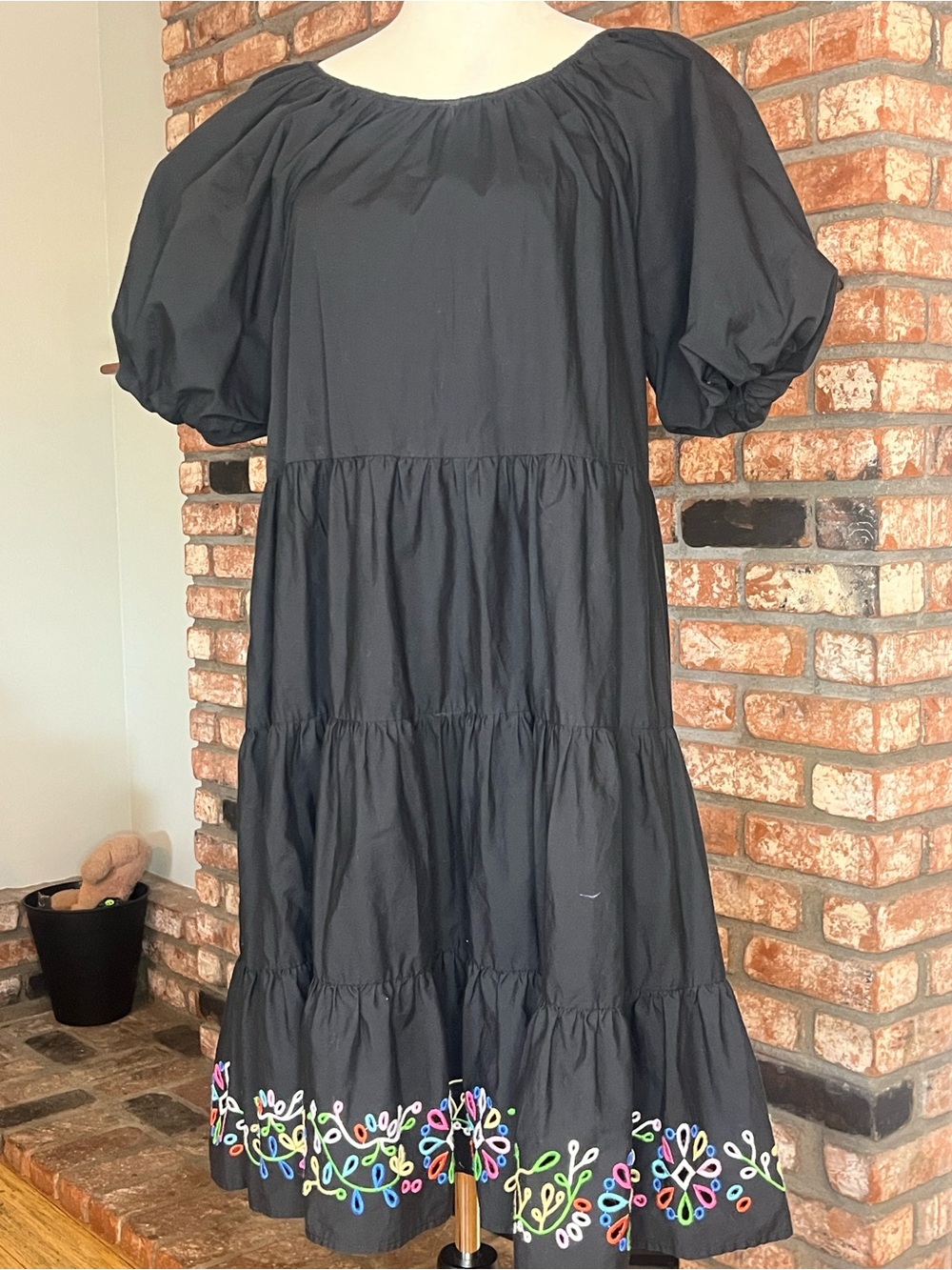 Johnny Was PTP 21 Black Tiered Dress with Multicolor Hem Embroidery